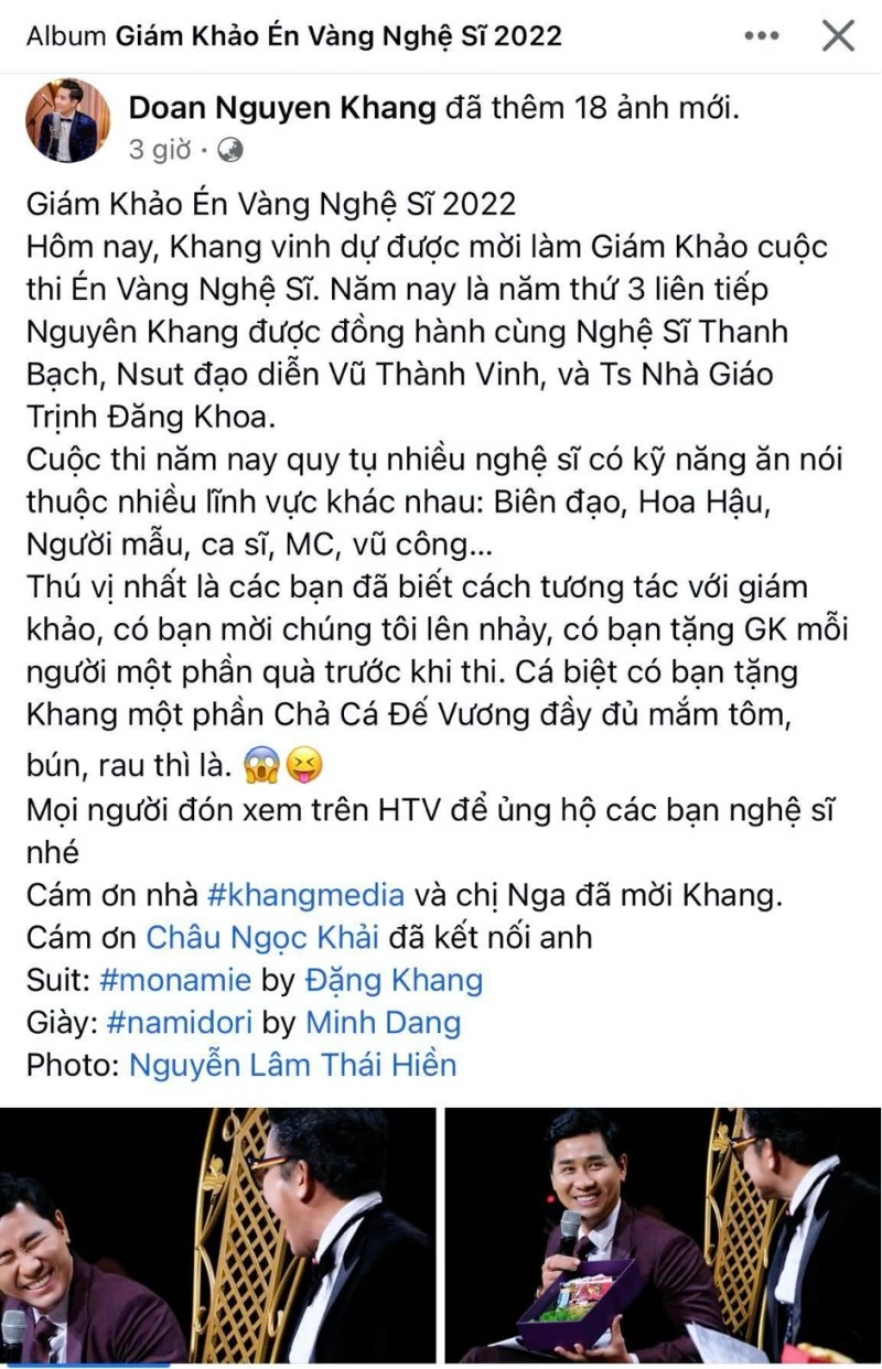 MC Nguyên Khang chia sẻ về kỷ niệm vui khi ngồi "ghế nóng" chương trình "Én vàng nghệ sĩ 2022" MC Nguyên Khang chia sẻ về kỷ niệm vui khi ngồi "ghế nóng" chương trình "Én vàng nghệ sĩ 2022"