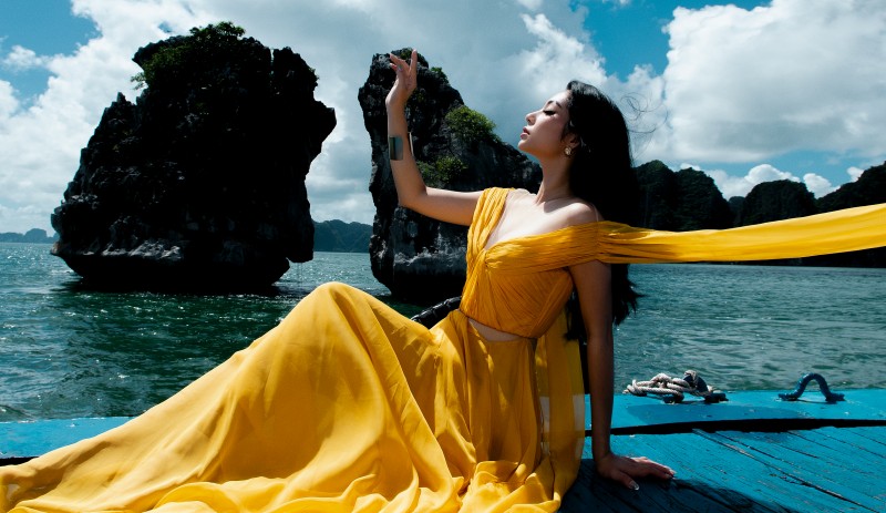 Lâm Thu Hồng diện đầm dạ hội khoe dáng ở Vịnh Hạ Long