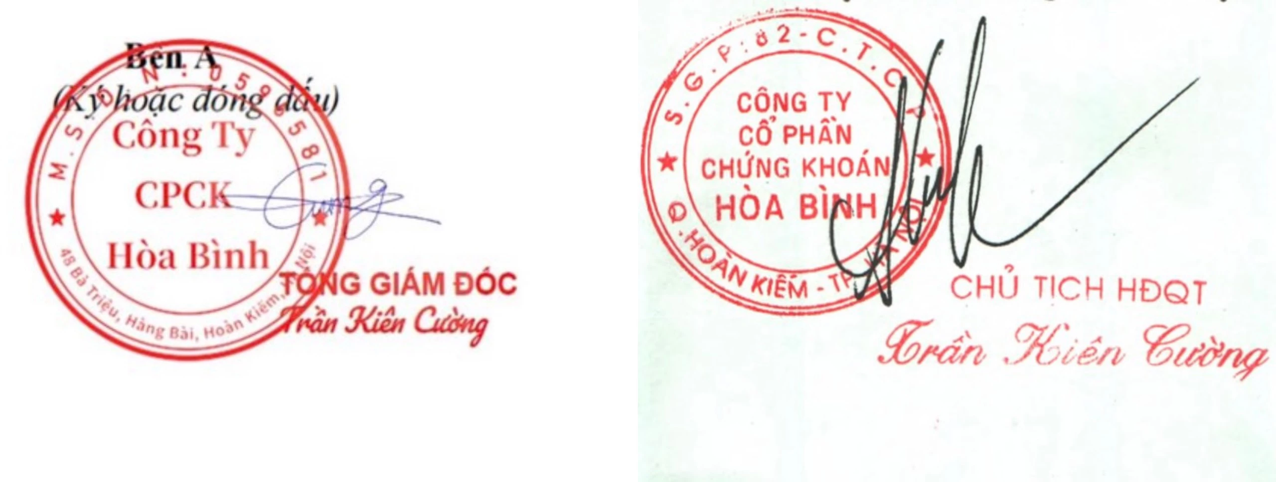 Mẫu dấu mạo danh chữ ký của “Tổng giám đốc Trần Kiên Cường” và con dấu có dòng chữ “Công ty CPCK Hòa Bình”.