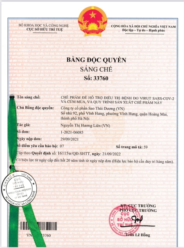 Với bằng sáng chế này, hy vọng trong thời gian tới Sao Thái Dương sẽ ra mắt những sản phẩm nổi bật trong điều trị các bệnh cúm.