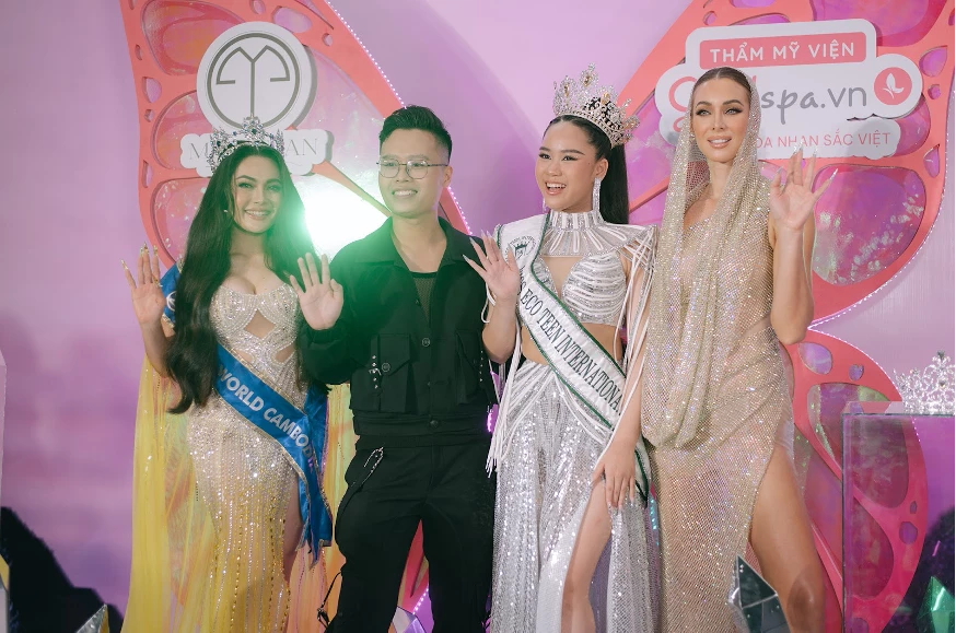 Bella Vũ cùng NTK Nguyễn Minh Tuấn và các Hoa hậu quốc tế trên thảm đỏ