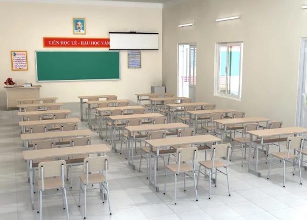 Một lớp học được trang bị bàn ghế của Hồng Đức.