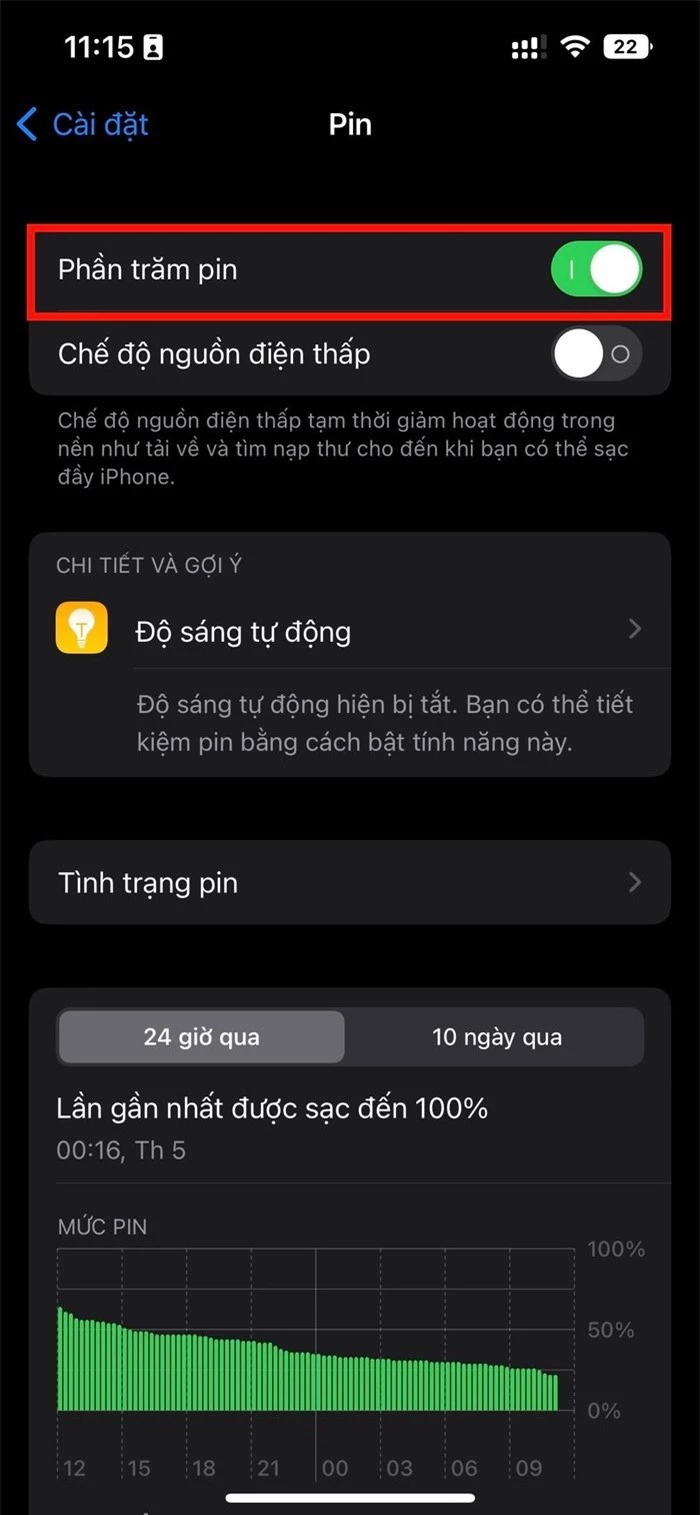 Tùy chọn bật phần trăm pin trên iOS 16.