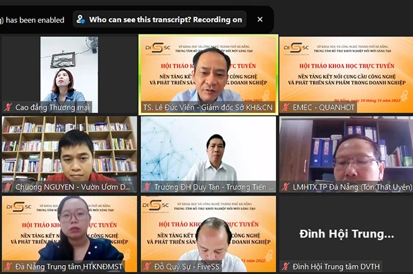 TS Lê Đức Viên, Giám đốc Sở KH&CN Đà Nẵng (hàng đầu tiên, ở giữa) phát biểu tại hội thảo trực tuyến "“Nền tảng kết nối cung cầu công nghệ và phát triển sản phẩm trong doanh nghiệp”