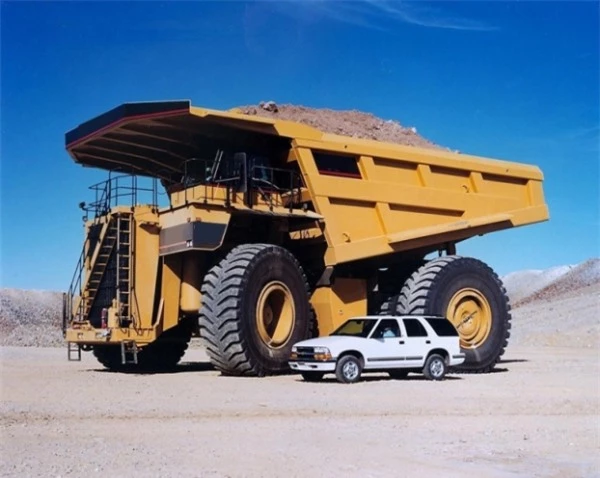   Đây là chiếc xe goòng có kích thước lớn nhất thế giới, đứng bên cạnh một trong những chiếc ô tô có kích thước lớn nhất thế giới.  