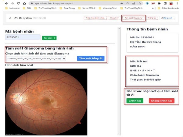 Giao diện giải pháp EyeDr (phiên bản web) được hoàn thiện và vận hành thực tế tại Bệnh viện Mắt (TP Hồ Chí Minh).