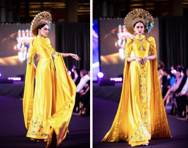 Để thể hiện đúng tinh thần bộ cánh, Hoa hậu Hương Giang lựa chọn kiểu catwalk nhẹ nhàng kết hợp cùng các động tác tay uyển chuyển. Sự chuyên nghiệp của nàng hậu giúp outfit trở nên hút mắt hơn.