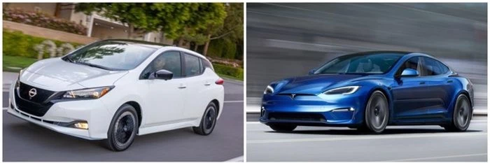  Nissan Leafs và Tesla Model S là những mẫu xe điện đủ điều kiện góp mặt vào khảo sát của iSeeCars. Ảnh: Tesla, Nissan. 