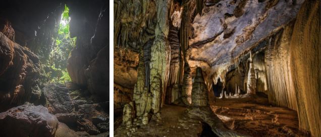 Những khối đá cùng khối thạch nhũ bên trong hang Hùng và hang Thung. (Ảnh Jungle Boss Tours)