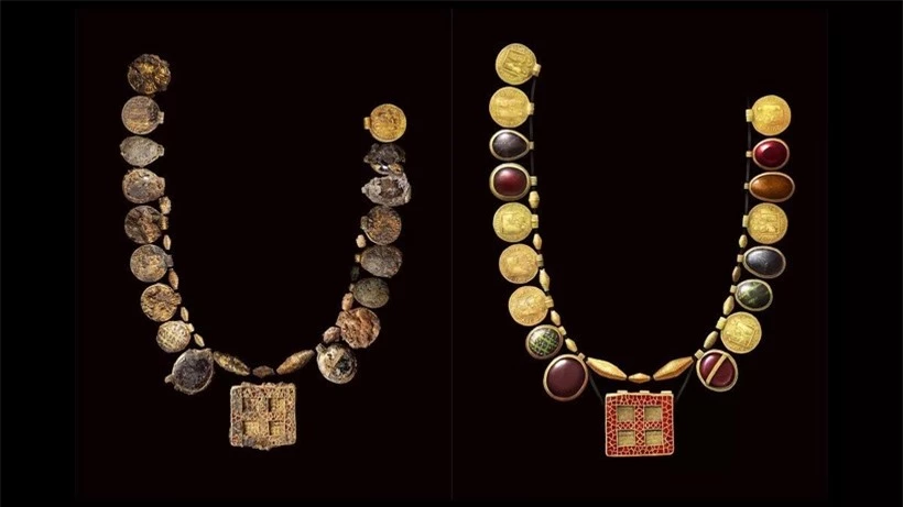 Phát hiện vòng cổ chữ thập bằng vàng và ngọc hồng lựu tinh xảo thời trung cổ ảnh 1
