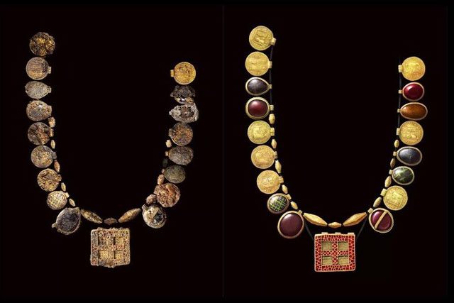 Phát hiện vòng cổ chữ thập bằng vàng và ngọc hồng lựu tinh xảo thời trung cổ