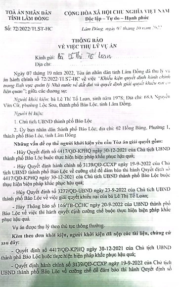 Thông báo thụ lý vụ án của bà Lê Thị Tố Loan