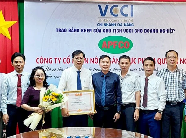 Giám đốc VCCI Đà Nẵng Nguyễn Tiến Quang (áo xanh) thừa ủy quyền trao bằng khen của Chủ tịch VCCI cho doanh nghiệp tại Quảng Ngãi