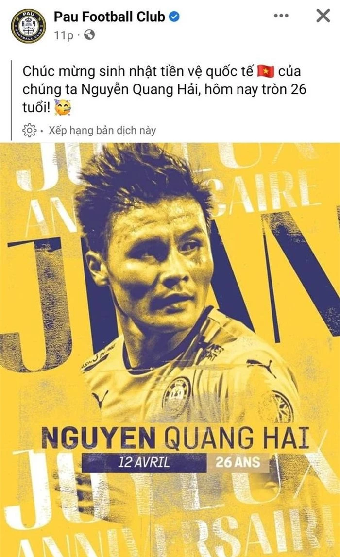 Pau FC dang bai chuc mung sinh nhat Quang Hai