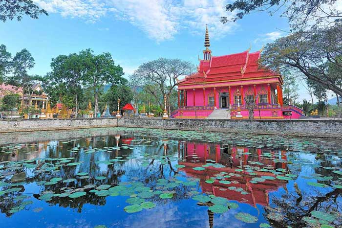 Ngôi chùa có sắc hồng nổi bật, nằm giữa hàng trăm cây còng ở An Giang