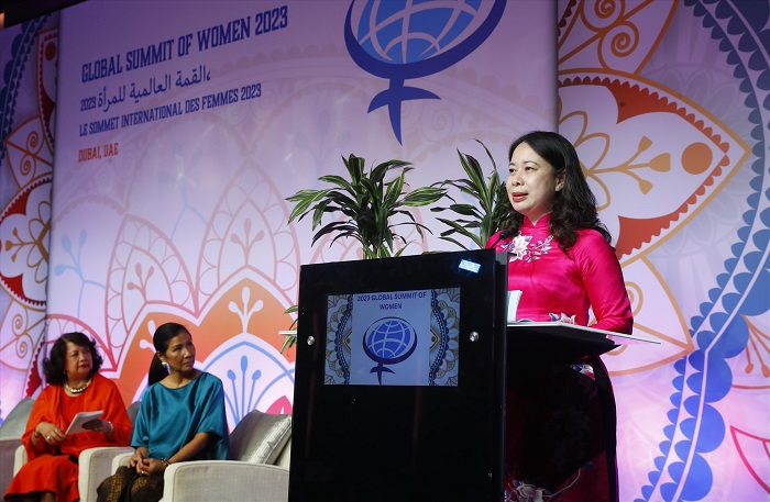 Phó Chủ tịch nước Võ Thị Ánh Xuân phát biểu tại lễ khai mạc Hội nghị thượng đỉnh phụ nữ toàn cầu 2023. (Ảnh: Bộ Ngoại giao)