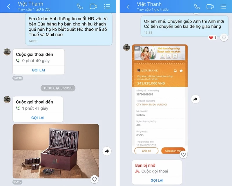 Tin nhắn và hình ảnh giao dịch giữa nhà hàng và người lừa đảo đặt tiệc