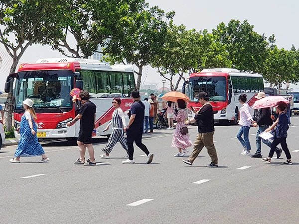 Xe du lịch của các doanh nghiệp Đà Nẵng đưa đón du khách tham quan khu vực Công viên APEC, Bảo t àng điêu khắc Chăm bên bờ Tây sông Hàn