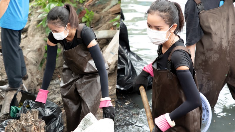 Hoa hậu Ngọc Châu dọn rác dưới kênh bẩn, hưởng ứng ngày môi trường thế giới