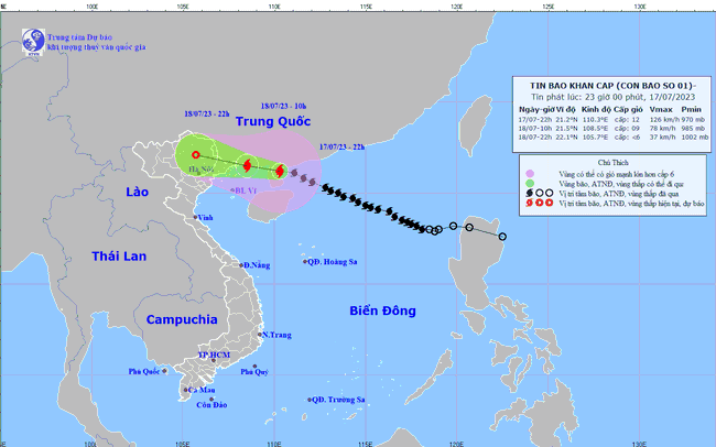 Bão số 1 sắp đổ bộ vào đất liền, sức gió cấp 7, giật cấp 10, gây mưa rất to