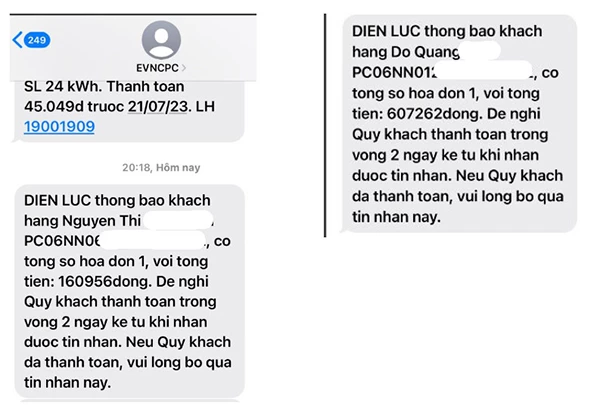 Hình ảnh tin nhắn lạ do khách hàng tại Quảng Ngãi cung cấp cho EVNCPC.