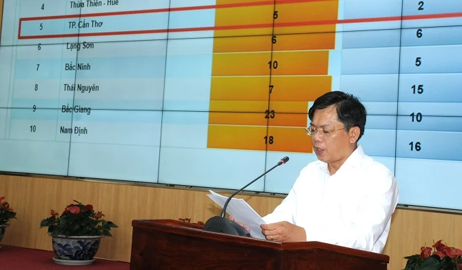 Giám đốc Sở Thông tin và Truyền thông TP Cần Thơ Huỳnh Hoàng Mến báo cáo kết quả CĐS và công bố kết quả đánh giá mức độ CĐS của TP Cần Thơ. 