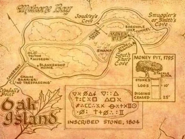 Hình ảnh sơ đồ dẫn tới kho báu trên đảo Oak. (Ảnh: Live Science)