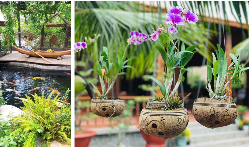 Biệt phủ của đại gia Vĩnh Long làm từ 4.000 cây dừa, hồ cá Koi cũng trang trí từ gỗ dừa, độc lạ nhất miền Tây