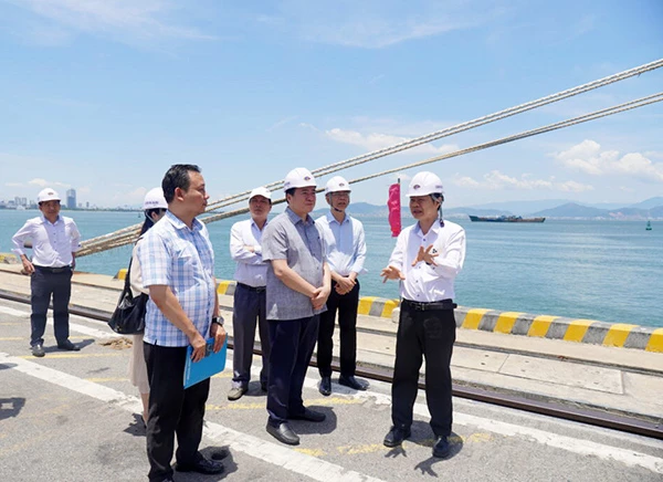 Thứ trưởng Bộ Công Thương Nguyễn Sinh Nhật Tân nghe lãnh đạo Cảng Đà Nẵng giới thiệu về cơ sở hạ tầng cảng Tiên Sa.