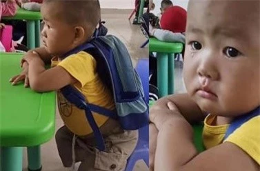 Cậu bé buồn thiu, khóc nhè trong ngày đầu đi học