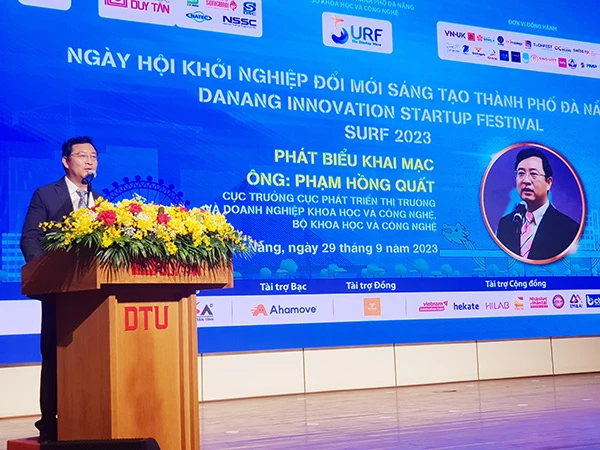 ông Phạm Hồng Quất - Cục trưởng Cục Phát triển thị trường và doanh nghiệp KH&CN (Bộ KH&CN) phát biểu tại Ngày hội khởi nghiệp đổi mới sáng tạo TP Đà Nẵng năm 2023 – SURF 2023 khai mạc ngày 29/9.
