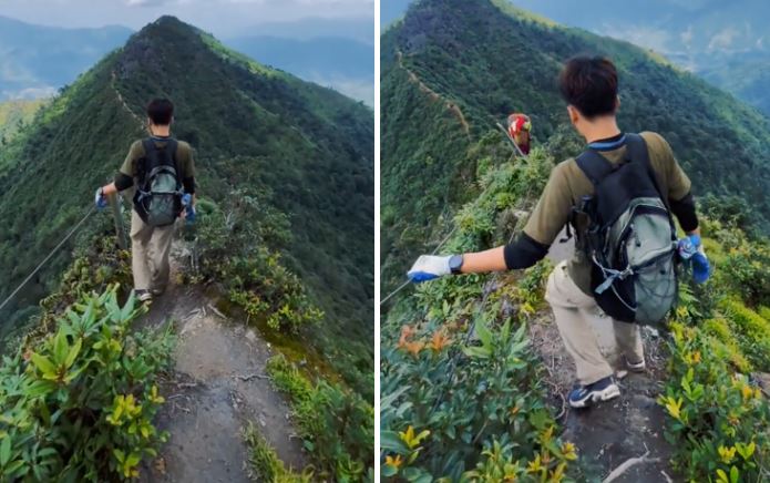 Khung cảnh đáng sợ khi đi trên sống lưng khủng long Tà Xùa khiến nhiều người xem clip thôi đã thấy "tim đập chân run"