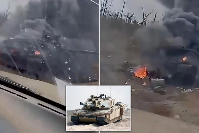 Hình ảnh trong đoạn video được cho là của chiếc Challenger 2 bị bắn cháy tại Ukraine. Ảnh: Dailymail
