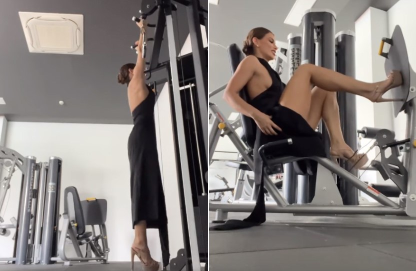 Á hậu Hòa bình mặc váy, đi giày cao gót tập gym