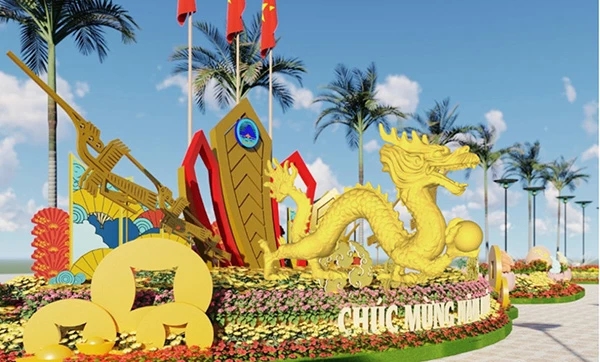 Phối cảnh linh vật chính là Rồng cách điệu trang trí Tết Giáp Thìn 2024 tại Đà Nẵng.