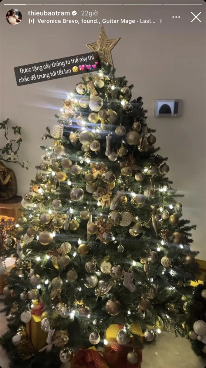 Thiều Bảo Trâm khoe cây thông Giáng sinh được tặng.
