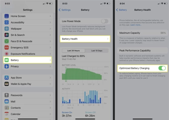 Với các mẫu iPhone 14 trở về trước, hãy đi tới Settings > Battery > Battery Health & Charging và bật dòng “Optimized Battery Charging”.