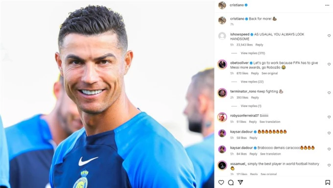 Động thái đầu tiên trên trang cá nhân của Ronaldo sau khi Messi giành FIFA The Best 2023