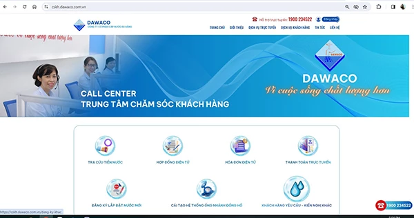 Giao diện website chăm sóc khách hàng của Dawaco.