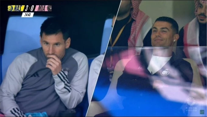 Bức hình cho thấy cảm xúc trái ngược của Messi và Ronaldo khi theo dõi trận đấu