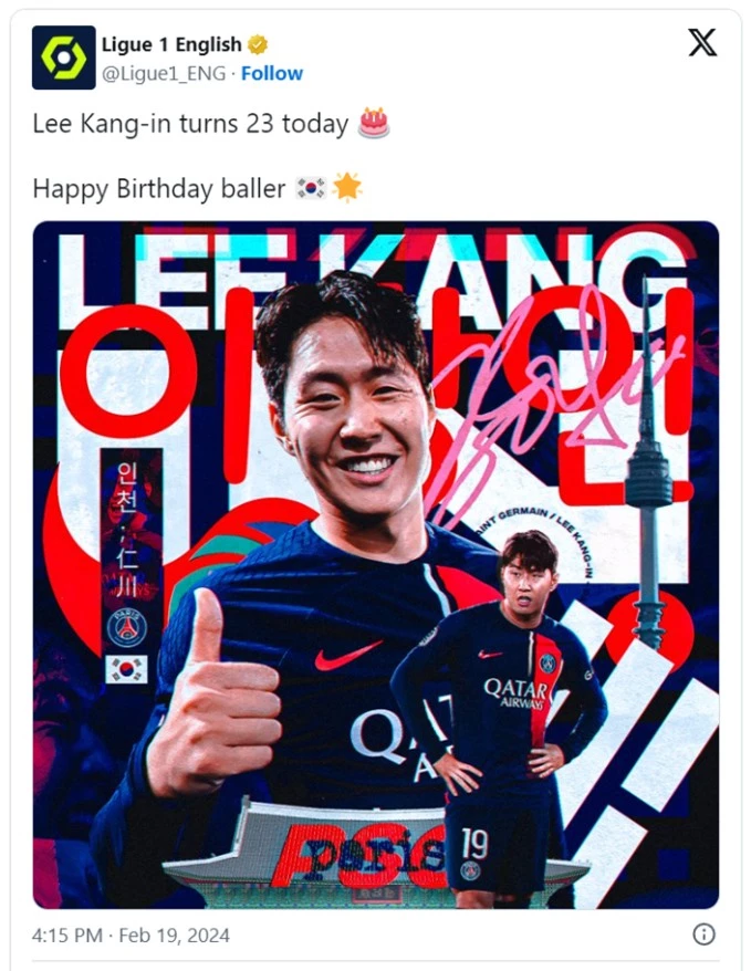Ligue 1 cũng gửi lời chúc đến cầu thủ người Hàn Quốc