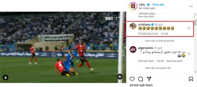 Ronaldo bình luận mặt cười trong bài đăng công kích Al Hilal