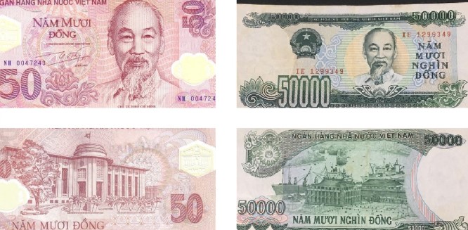 Những địa danh nào được in trên tờ 50.000 đồng polymer và 50.000 đồng cotton?