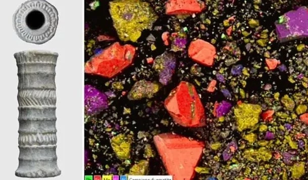 Chiếc lọ thời kỳ đồ đồng (trái) và hình ảnh hiển vi về thành phần của sắc tố, được tăng cường thêm màu sắc để phân biệt từng khoáng chất. (Nguồn: Massimo Vidale qua Báo cáo khoa học; CC BY 4.0 DEED)