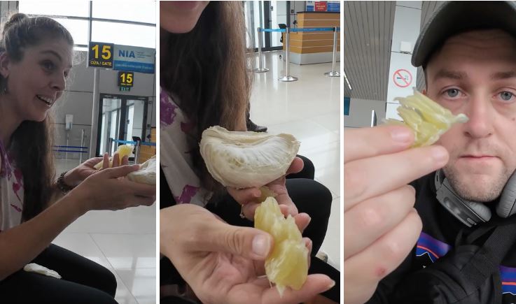 Du khách Tây rối rít cảm ơn khi được người Việt tặng trái cây, bất ngờ khi thử ăn bưởi Việt Nam