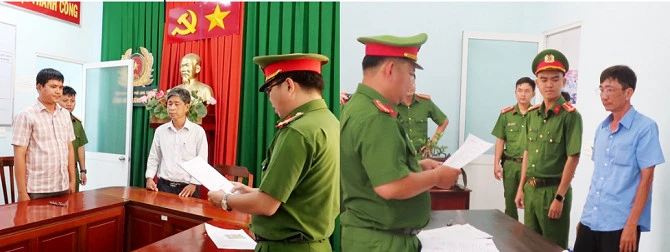 Cơ quan Công an tống đạt các Quyết định và Lệnh bắt tạm giam đối với bị can Nguyễn Thanh Phong (áo sọc, ảnh trái) và bị can Nguyễn Thiện Thanh