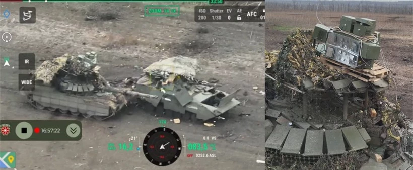 Cận cảnh xe tăng T-72B3 của Nga với các khối thiết bị tác chiến điện tử dày đặc trên tháp pháo.
