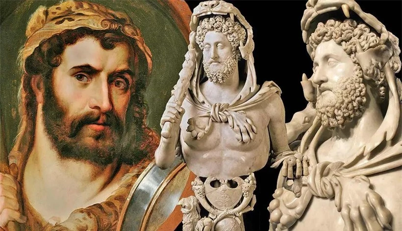Hoàng đế Commodus và tượng bán thân của ông trong phong cách á thần Hercules. Ảnh: Thecollector.com