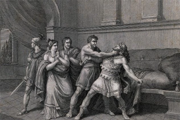 Tranh phác họa cảnh cuối đời của Hoàng đế Commodus, bị chính những người gần gũi nhất giết chết vì mục đích 'trừ hại giúp dân'. Ảnh: Thecollector.com