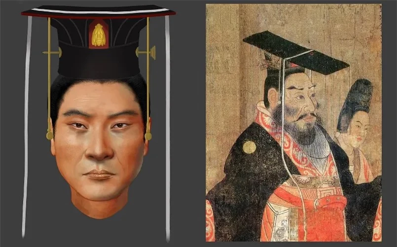 Chân dung Chu Vũ Đế được phục dựng (trái) và tranh vẽ ông trong tác phẩm Lịch đại đế vương đồ quyền (phải). Nguồn: Ngụy Thiên Thiên